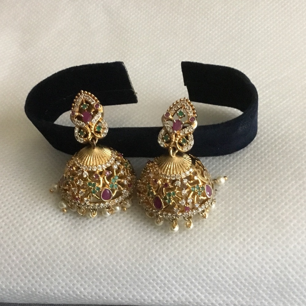 Gold-Tone Jhumka Earrings with Pink and Green Accents